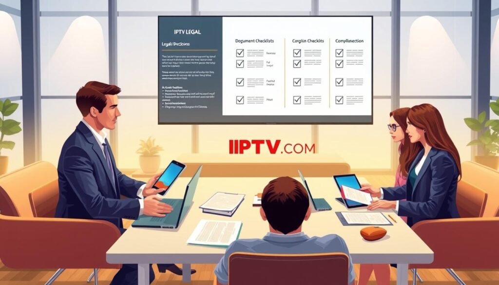 A visually striking and informative illustration representing "IPTV Legal Considerations" in an engaging style. In the foreground, a diverse group of four professionals in business attire—two men and two women—are engaged in a discussion around a table filled with documents, laptops, and tablets displaying streaming content. The middle layer showcases a large digital screen in the background, featuring a visual representation of legal documents, compliance checklists, and the brand logo "IPTVVUK.COM" subtly integrated. The setting is a modern office with sleek furniture and large windows that let in soft, natural light, creating a warm atmosphere. A focus on professionalism and collaboration emphasizes the importance of understanding legal aspects for IPTV users. The overall mood is serious yet optimistic, highlighting the importance of informed decisions in the world of IPTV. A visually striking and informative illustration representing "IPTV Legal Considerations" in an engaging style. In the foreground, a diverse group of four professionals in business attire—two men and two women—are engaged in a discussion around a table filled with documents, laptops, and tablets displaying streaming content. The middle layer showcases a large digital screen in the background, featuring a visual representation of legal documents, compliance checklists, and the brand logo "IPTVVUK.COM" subtly integrated. The setting is a modern office with sleek furniture and large windows that let in soft, natural light, creating a warm atmosphere. A focus on professionalism and collaboration emphasizes the importance of understanding legal aspects for IPTV users. The overall mood is serious yet optimistic, highlighting the importance of informed decisions in the world of IPTV.