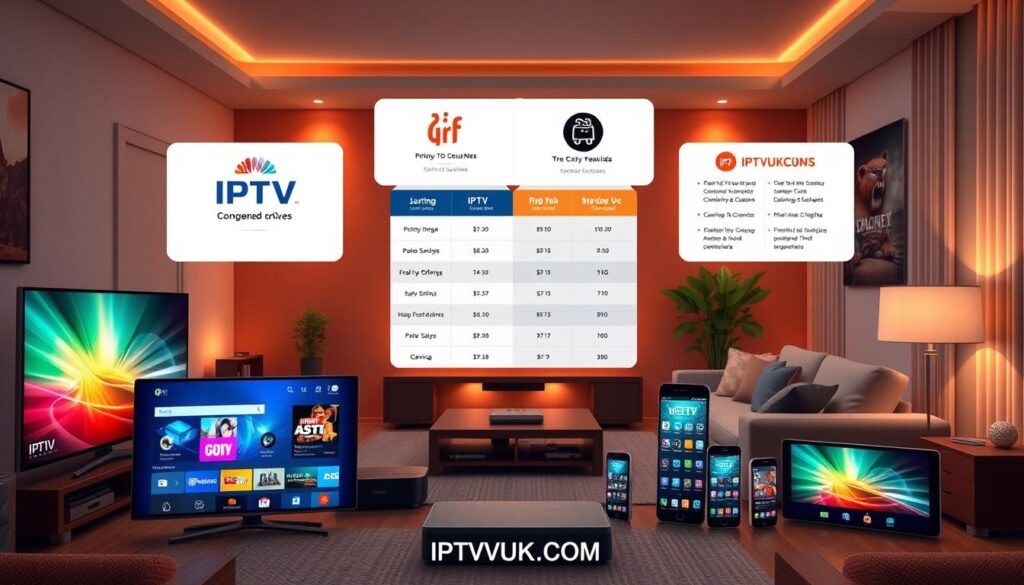 A visually striking digital illustration of an IPTV services comparison, showcasing various IPTV logos, devices, and user interfaces in a modern setting. In the foreground, include sleek smart TVs displaying vibrant IPTV menus, along with tablets and smartphones showing streaming options. In the middle, arrange side-by-side comparisons of different IPTV features, such as pricing, channel offerings, and device compatibility, presented on floating infographic panels. The background should feature a cozy living room with warm ambient lighting, creating an inviting atmosphere. Use a wide-angle lens perspective to emphasize the array of choices available. The mood should be informative yet engaging, highlighting the benefits of IPTV services with a focus on the brand "IPTVVUK.COM". A visually striking digital illustration of an IPTV services comparison, showcasing various IPTV logos, devices, and user interfaces in a modern setting. In the foreground, include sleek smart TVs displaying vibrant IPTV menus, along with tablets and smartphones showing streaming options. In the middle, arrange side-by-side comparisons of different IPTV features, such as pricing, channel offerings, and device compatibility, presented on floating infographic panels. The background should feature a cozy living room with warm ambient lighting, creating an inviting atmosphere. Use a wide-angle lens perspective to emphasize the array of choices available. The mood should be informative yet engaging, highlighting the benefits of IPTV services with a focus on the brand "IPTVVUK.COM".