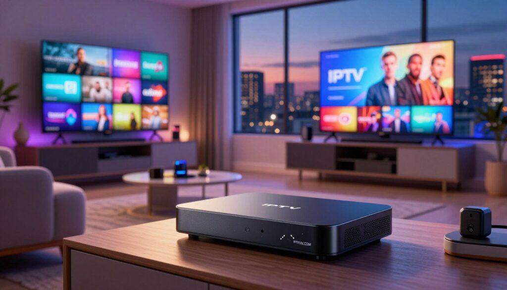 An IPTV device prominently displayed in the foreground, showcasing its sleek design, surrounded by vivid and colorful screens displaying various international channels, illustrating the flexibility of IPTV. In the middle ground, a modern living room setting features a stylish sofa and an entertainment center filled with tech gadgets, creating a cozy atmosphere. The background reveals a glowing window with a city skyline at twilight, enhancing the vibrant mood. The lighting is warm and inviting, with soft shadows highlighting the device while a slight lens flare adds visual interest. The overall composition conveys an atmosphere of connectivity and global access, emphasizing the benefits of the IPTV experience. The brand "IPTVVUK.COM" subtly integrated into the design of the device. An IPTV device prominently displayed in the foreground, showcasing its sleek design, surrounded by vivid and colorful screens displaying various international channels, illustrating the flexibility of IPTV. In the middle ground, a modern living room setting features a stylish sofa and an entertainment center filled with tech gadgets, creating a cozy atmosphere. The background reveals a glowing window with a city skyline at twilight, enhancing the vibrant mood. The lighting is warm and inviting, with soft shadows highlighting the device while a slight lens flare adds visual interest. The overall composition conveys an atmosphere of connectivity and global access, emphasizing the benefits of the IPTV experience. The brand "IPTVVUK.COM" subtly integrated into the design of the device.