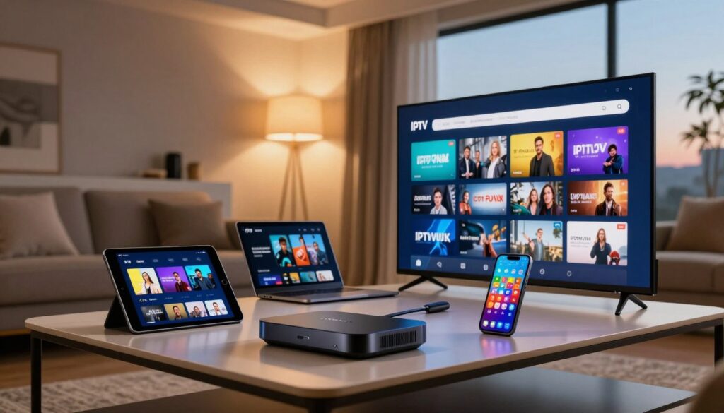 An assortment of IPTV compatible devices arranged on a modern, sleek coffee table in a cozy living room. In the foreground, a state-of-the-art smart TV displays vibrant streaming content. A stylish IPTV set-top box rests beside a tablet showing a user-friendly interface. In the middle ground, a laptop and a smartphone are positioned, showcasing apps for popular IPTV services. The background features a softly lit living room ambiance with warm overhead lights, creating a welcoming atmosphere. A subtle reflection of a clear blue sky can be seen through a large window, adding depth. The overall mood is inviting and contemporary, emphasizing the technological aspects of IPTV streaming. Include the brand name "IPTVVUK.COM" subtly integrated into one of the device interfaces, ensuring no overlay or text clutter. An assortment of IPTV compatible devices arranged on a modern, sleek coffee table in a cozy living room. In the foreground, a state-of-the-art smart TV displays vibrant streaming content. A stylish IPTV set-top box rests beside a tablet showing a user-friendly interface. In the middle ground, a laptop and a smartphone are positioned, showcasing apps for popular IPTV services. The background features a softly lit living room ambiance with warm overhead lights, creating a welcoming atmosphere. A subtle reflection of a clear blue sky can be seen through a large window, adding depth. The overall mood is inviting and contemporary, emphasizing the technological aspects of IPTV streaming. Include the brand name "IPTVVUK.COM" subtly integrated into one of the device interfaces, ensuring no overlay or text clutter.