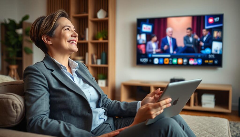 An image representing a person enjoying their favorite TV show on multiple devices. An image representing a person enjoying their favorite TV show on multiple devices.