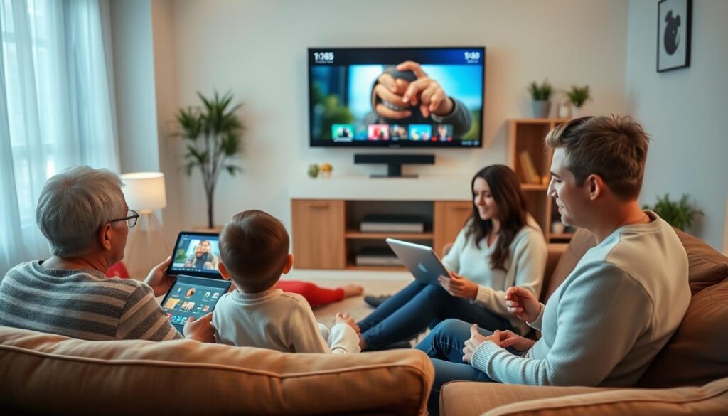 An image showing a family watching different channels on multiple devices at the same time. An image showing a family watching different channels on multiple devices at the same time.