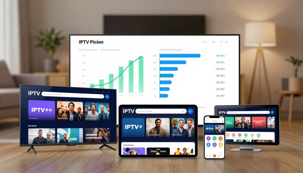 An infographic-style image showcasing a comparison of IPTV services. In the foreground, feature sleek devices like a smart TV, tablet, and smartphone displaying various IPTV interfaces, highlighted with vibrant icons. In the middle layer, illustrate a visually appealing chart or graph comparing features such as pricing, channel selection, and user ratings, clearly demarcated. The background should consist of a stylized living room setting, softly lit to create a cozy atmosphere, with a modern entertainment setup. Use a professional atmosphere that suggests a thoughtful analysis, avoiding clutter. The brand name "IPTVVUK.COM" should be subtly integrated into the design, enhancing the overall composition. The lighting should be warm and inviting, with a focus on clarity and detail in the devices and comparison visuals. An infographic-style image showcasing a comparison of IPTV services. In the foreground, feature sleek devices like a smart TV, tablet, and smartphone displaying various IPTV interfaces, highlighted with vibrant icons. In the middle layer, illustrate a visually appealing chart or graph comparing features such as pricing, channel selection, and user ratings, clearly demarcated. The background should consist of a stylized living room setting, softly lit to create a cozy atmosphere, with a modern entertainment setup. Use a professional atmosphere that suggests a thoughtful analysis, avoiding clutter. The brand name "IPTVVUK.COM" should be subtly integrated into the design, enhancing the overall composition. The lighting should be warm and inviting, with a focus on clarity and detail in the devices and comparison visuals.