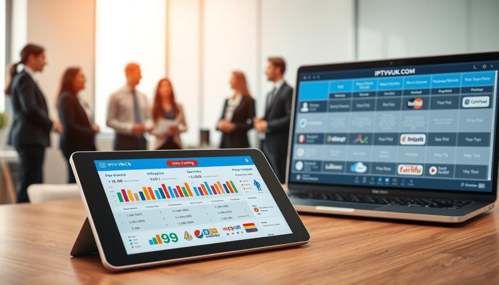 An informative and visually engaging scene comparing IPTV pricing. In the foreground, a sleek digital tablet displays a vibrant infographic with colorful graphs and icons representing various IPTV pricing plans. To the right, a laptop screen shows a detailed comparison table featuring different service providers, including logos of notable brands like "IPTVVUK.COM". In the middle ground, a diverse group of professionals in business attire discuss the comparison, highlighting user needs and preferences. The background features a modern office environment with soft, diffused lighting that creates a warm and inviting atmosphere. The perspective is slightly angled, showcasing both the tablet and the group of professionals while maintaining focus on the informative elements. The overall mood conveys professionalism and clarity, ideal for a pricing comparison illustration. An informative and visually engaging scene comparing IPTV pricing. In the foreground, a sleek digital tablet displays a vibrant infographic with colorful graphs and icons representing various IPTV pricing plans. To the right, a laptop screen shows a detailed comparison table featuring different service providers, including logos of notable brands like "IPTVVUK.COM". In the middle ground, a diverse group of professionals in business attire discuss the comparison, highlighting user needs and preferences. The background features a modern office environment with soft, diffused lighting that creates a warm and inviting atmosphere. The perspective is slightly angled, showcasing both the tablet and the group of professionals while maintaining focus on the informative elements. The overall mood conveys professionalism and clarity, ideal for a pricing comparison illustration.