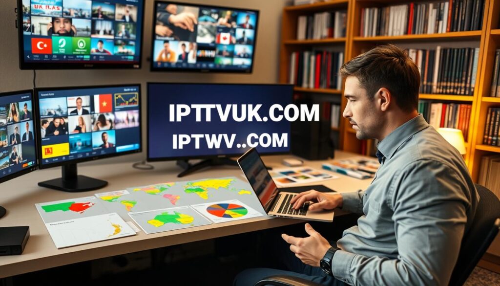 An organized workspace featuring a large desk with multiple screens displaying various IPTV interfaces from different countries, such as the UK, Canada, and Australia. In the foreground, a professional in business attire is analyzing data on a laptop, with a thoughtful expression. In the middle ground, colorful charts and maps representing country-specific IPTV resources are scattered across the desk. The background has shelves filled with books about digital media and telecommunications. Soft, diffused lighting creates a warm and inviting atmosphere, with a slight focus on the screens to imply the importance of IPTV resources. The brand name "IPTVVUK.COM" appears prominently on one of the screens, emphasizing its relevance to the image's context. An organized workspace featuring a large desk with multiple screens displaying various IPTV interfaces from different countries, such as the UK, Canada, and Australia. In the foreground, a professional in business attire is analyzing data on a laptop, with a thoughtful expression. In the middle ground, colorful charts and maps representing country-specific IPTV resources are scattered across the desk. The background has shelves filled with books about digital media and telecommunications. Soft, diffused lighting creates a warm and inviting atmosphere, with a slight focus on the screens to imply the importance of IPTV resources. The brand name "IPTVVUK.COM" appears prominently on one of the screens, emphasizing its relevance to the image's context.
