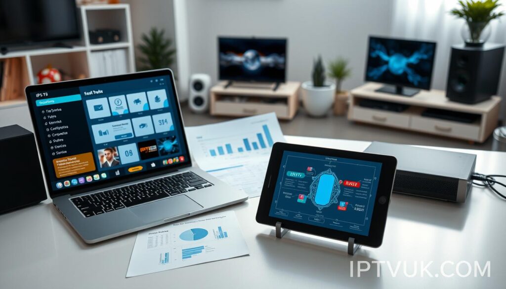 An organized workspace featuring a sleek, modern desk setup with high-tech devices. In the foreground, a laptop displays an IPTV interface with real-time streaming options and technical specifications. To the side, a tablet shows a visually appealing network diagram illustrating optimal bandwidth and hardware requirements for IPTV. The middle ground includes professional business charts and graphs on paper, emphasizing statistics like internet speed and device compatibility for effective IPTV service. In the background, a softly lit room with smart home devices creates a cozy and tech-savvy atmosphere. The lighting should be bright yet soft, emphasizing clarity and professionalism. The image should convey a sense of organized efficiency, enhanced user experience, and technological sophistication, subtly incorporating the brand name "IPTVVUK.COM" within the design elements. An organized workspace featuring a sleek, modern desk setup with high-tech devices. In the foreground, a laptop displays an IPTV interface with real-time streaming options and technical specifications. To the side, a tablet shows a visually appealing network diagram illustrating optimal bandwidth and hardware requirements for IPTV. The middle ground includes professional business charts and graphs on paper, emphasizing statistics like internet speed and device compatibility for effective IPTV service. In the background, a softly lit room with smart home devices creates a cozy and tech-savvy atmosphere. The lighting should be bright yet soft, emphasizing clarity and professionalism. The image should convey a sense of organized efficiency, enhanced user experience, and technological sophistication, subtly incorporating the brand name "IPTVVUK.COM" within the design elements.