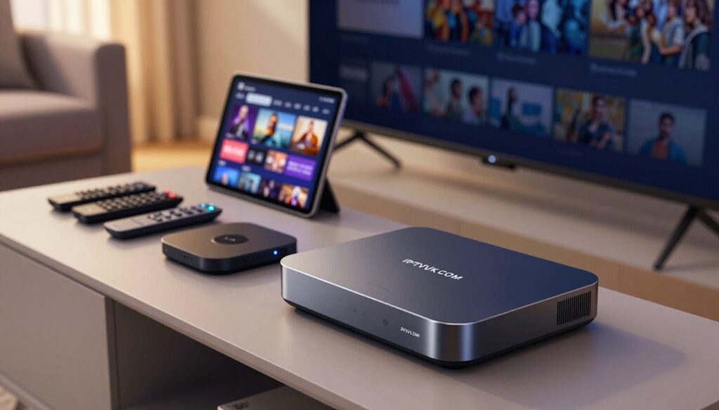 Close-up of a diverse selection of IPTV devices, prominently featuring modern streaming boxes and smart TVs arranged on a sleek, minimalist entertainment center. In the foreground, a high-resolution IPTV device labeled "IPTVVUK.COM" gleams under soft ambient lighting, showcasing its elegant design. The middle layer includes a few remote controls and a tablet displaying an IPTV interface, hinting at user interaction. The background features a tidy living room with a comfortable couch and muted decor, creating a cozy atmosphere. Warm, inviting light filters through a window, casting gentle shadows and giving a sense of a relaxed viewing environment. Capture the image at a slightly elevated angle to emphasize the devices and their unique features, creating an informative yet inviting visual. Close-up of a diverse selection of IPTV devices, prominently featuring modern streaming boxes and smart TVs arranged on a sleek, minimalist entertainment center. In the foreground, a high-resolution IPTV device labeled "IPTVVUK.COM" gleams under soft ambient lighting, showcasing its elegant design. The middle layer includes a few remote controls and a tablet displaying an IPTV interface, hinting at user interaction. The background features a tidy living room with a comfortable couch and muted decor, creating a cozy atmosphere. Warm, inviting light filters through a window, casting gentle shadows and giving a sense of a relaxed viewing environment. Capture the image at a slightly elevated angle to emphasize the devices and their unique features, creating an informative yet inviting visual.