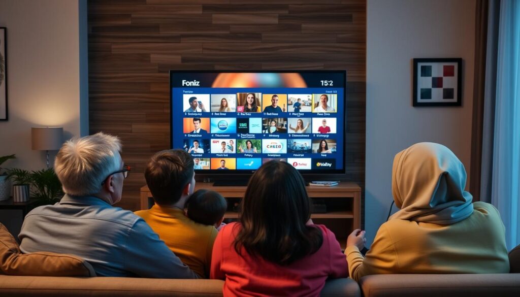 Create an image depicting a family watching TV together, with a variety of channels and content on the screen, highlighting the diversity of the service. Create an image depicting a family watching TV together, with a variety of channels and content on the screen, highlighting the diversity of the service.