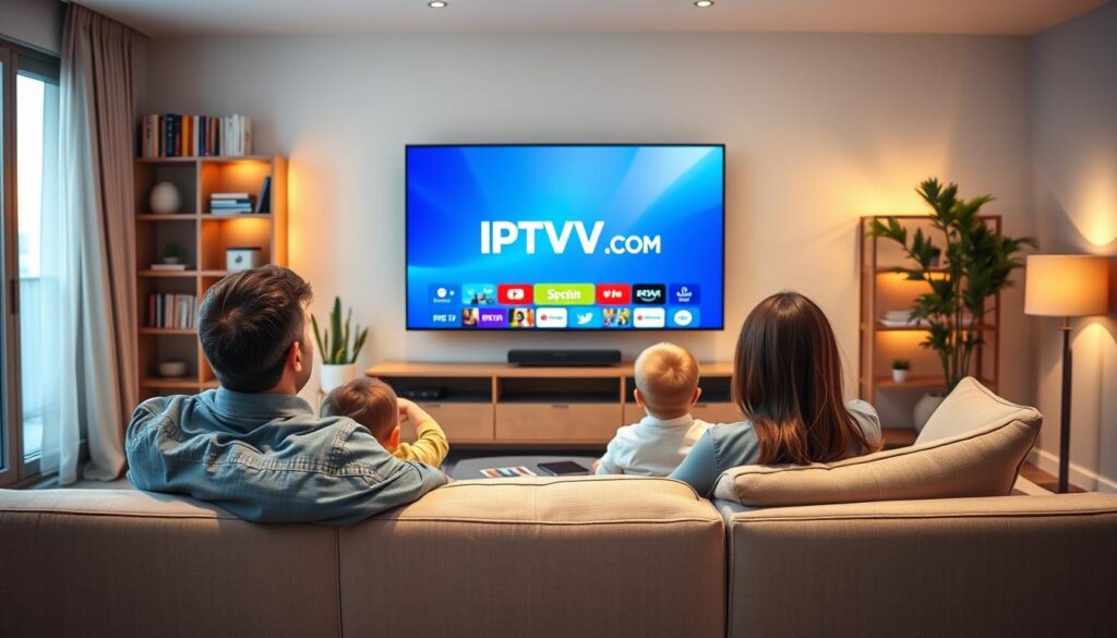 Create an image depicting a modern living room setting where a family enjoys legal IPTV streaming. In the foreground, show a cozy couch with a diverse family (man, woman, and a child) dressed in comfortable but professional casual attire, engaged in watching television together. The middle ground features a large flat-screen TV displaying a vibrant IPTV interface with the logo "IPTVVUK.COM" clearly visible. The background should include shelves with books and plants, along with soft ambient lighting that creates a warm atmosphere. Natural light streams in through a window, enhancing the inviting mood of the scene. Aim for a realistic, lively setting that emphasizes the joy of legal streaming alternatives in Italy. Create an image depicting a modern living room setting where a family enjoys legal IPTV streaming. In the foreground, show a cozy couch with a diverse family (man, woman, and a child) dressed in comfortable but professional casual attire, engaged in watching television together. The middle ground features a large flat-screen TV displaying a vibrant IPTV interface with the logo "IPTVVUK.COM" clearly visible. The background should include shelves with books and plants, along with soft ambient lighting that creates a warm atmosphere. Natural light streams in through a window, enhancing the inviting mood of the scene. Aim for a realistic, lively setting that emphasizes the joy of legal streaming alternatives in Italy.