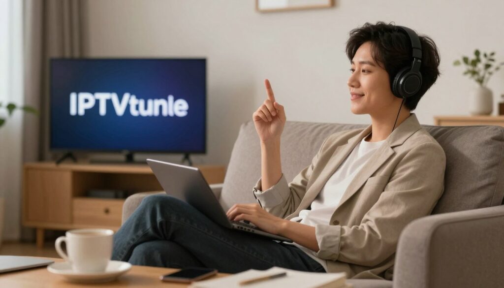 Create an image depicting a person enjoying their favorite music channel on IPTVtune. Create an image depicting a person enjoying their favorite music channel on IPTVtune.