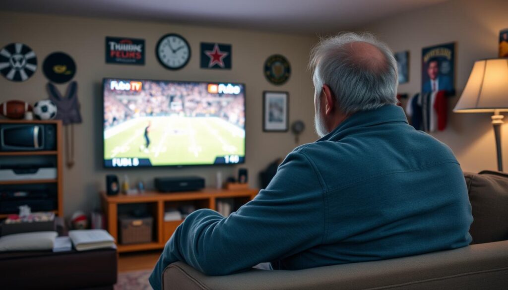 Create an image of a sports enthusiast watching a live sports event on Fubo TV. Create an image of a sports enthusiast watching a live sports event on Fubo TV.