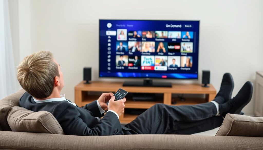 Create an image showing a person comfortably watching TV on a couch, with a remote control in hand, and a variety of on-demand content on the screen. Create an image showing a person comfortably watching TV on a couch, with a remote control in hand, and a variety of on-demand content on the screen.