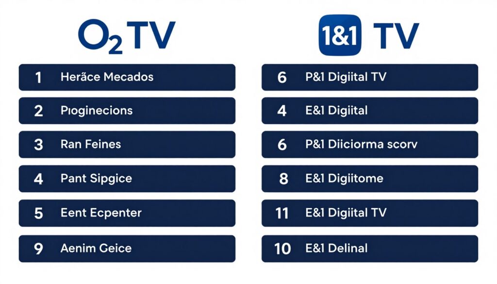 Generate an image comparing O2 TV and 1&1 Digital TV's channel lineups. Generate an image comparing O2 TV and 1&1 Digital TV's channel lineups.