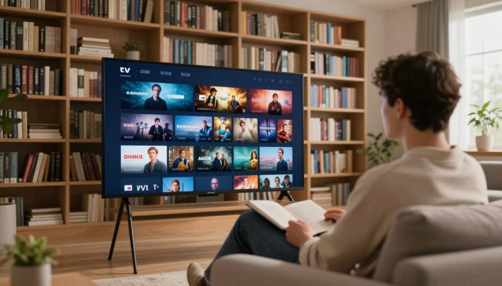 Generate an image depicting a user navigating through a vast library of TV shows and movies on their device. Generate an image depicting a user navigating through a vast library of TV shows and movies on their device.