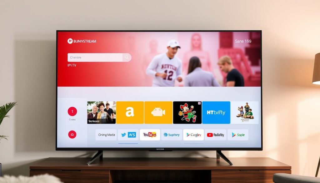 Generate an image of Bunnystream IPTV interface on a smart TV Generate an image of Bunnystream IPTV interface on a smart TV