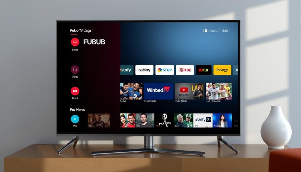 Generate an image of Fubo TV interface on a TV screen Generate an image of Fubo TV interface on a TV screen
