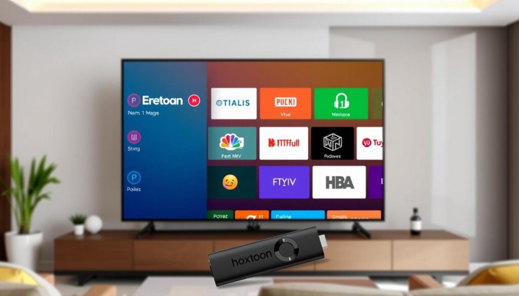 Generate an image of Hoxtoon IPTV's interface on a Firestick, showcasing its user-friendly design. Generate an image of Hoxtoon IPTV's interface on a Firestick, showcasing its user-friendly design.