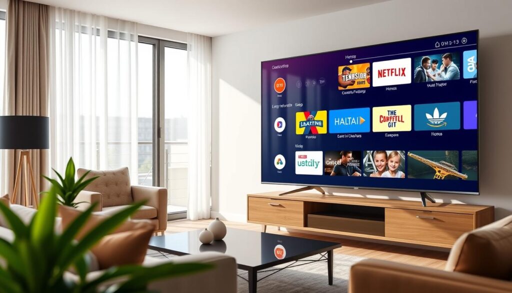 Generate an image of Hoxtoon IPTV's main screen highlighting its key features. Generate an image of Hoxtoon IPTV's main screen highlighting its key features.