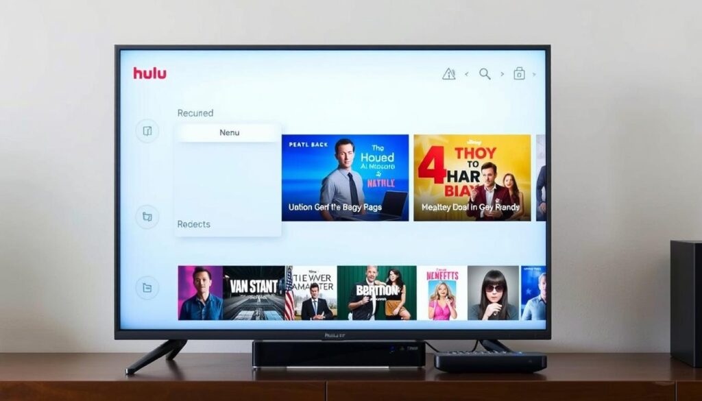 Generate an image of Hulu + Live TV interface on a streaming device Generate an image of Hulu + Live TV interface on a streaming device