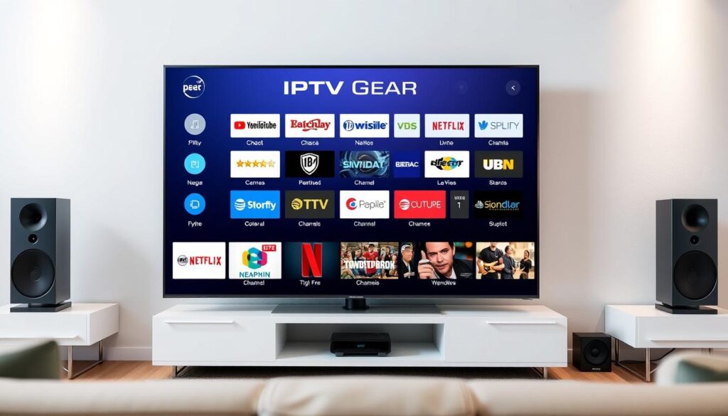 Generate an image of IPTV Gear's channel lineup on a TV screen Generate an image of IPTV Gear's channel lineup on a TV screen