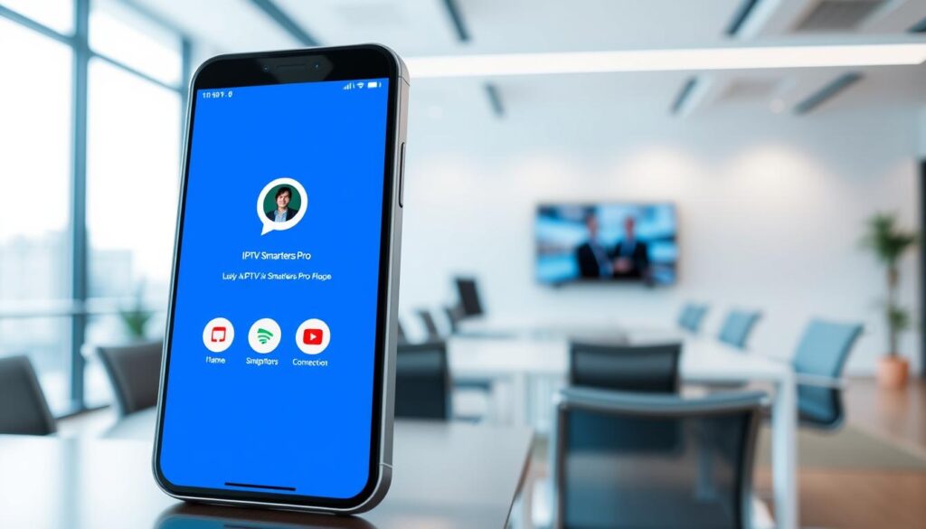 Generate an image of IPTV Smarters Pro app on a smartphone. Generate an image of IPTV Smarters Pro app on a smartphone.