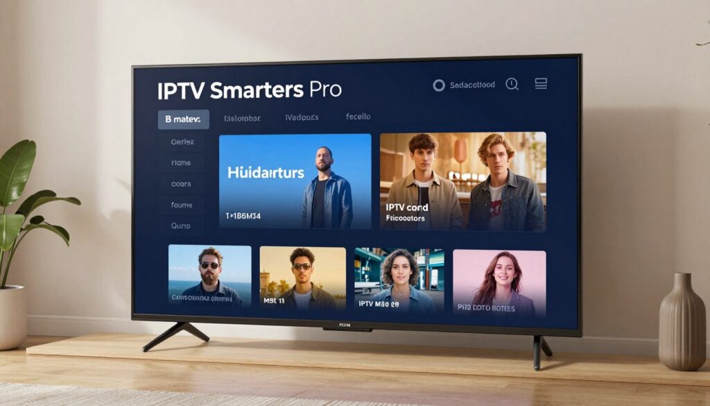 Generate an image of IPTV Smarters Pro interface on a TV screen Generate an image of IPTV Smarters Pro interface on a TV screen