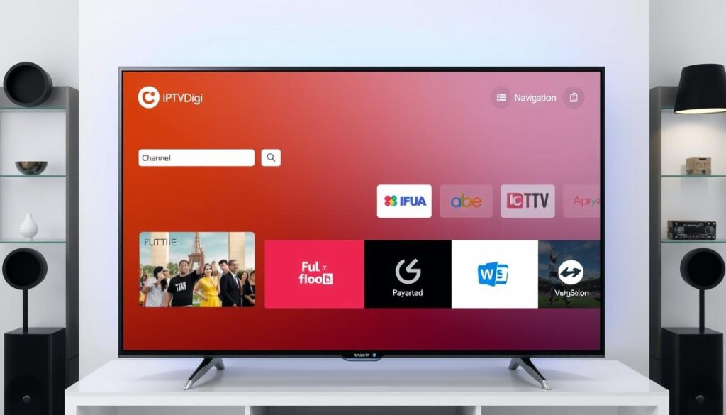 Generate an image of IPTVDigi's user interface on a smart TV, showcasing its channel guide. Generate an image of IPTVDigi's user interface on a smart TV, showcasing its channel guide.