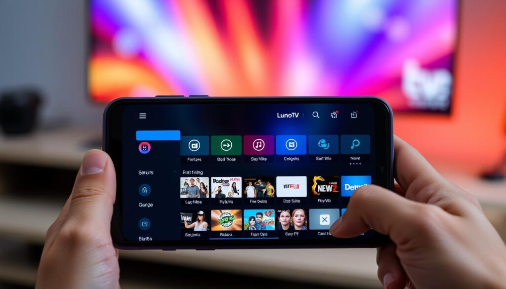 Generate an image of LunoTV IPTV interface on a mobile device Generate an image of LunoTV IPTV interface on a mobile device