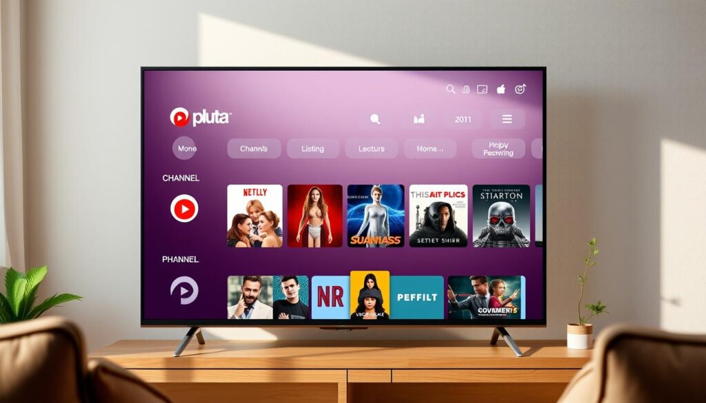 Generate an image of Pluto TV's interface on a smart TV screen Generate an image of Pluto TV's interface on a smart TV screen