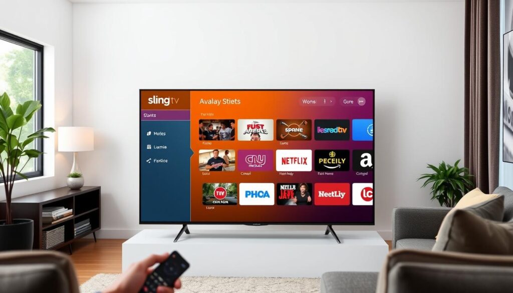Generate an image of Sling TV's interface on a smart TV Generate an image of Sling TV's interface on a smart TV