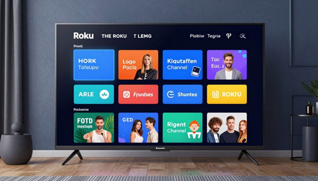 Generate an image of The Roku Channel interface on a Roku TV. Generate an image of The Roku Channel interface on a Roku TV.