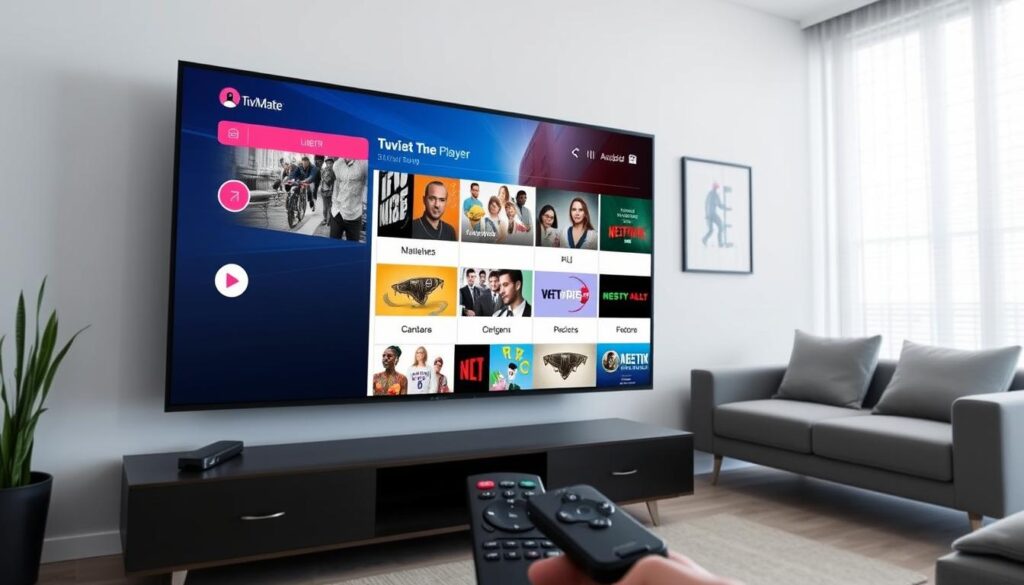 Generate an image of TiviMate IPTV player on an Android TV Generate an image of TiviMate IPTV player on an Android TV