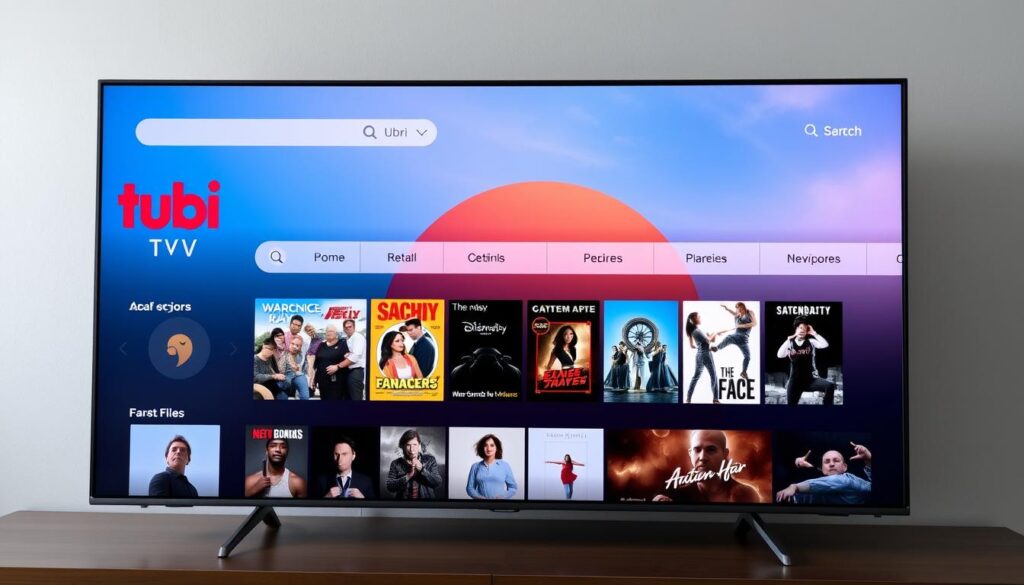 Generate an image of Tubi TV's interface on a smart TV Generate an image of Tubi TV's interface on a smart TV