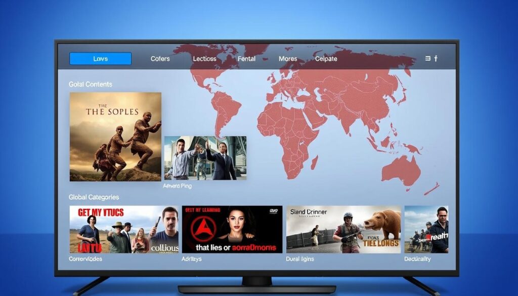 Generate an image of XtreamView IPTV interface displaying global content Generate an image of XtreamView IPTV interface displaying global content