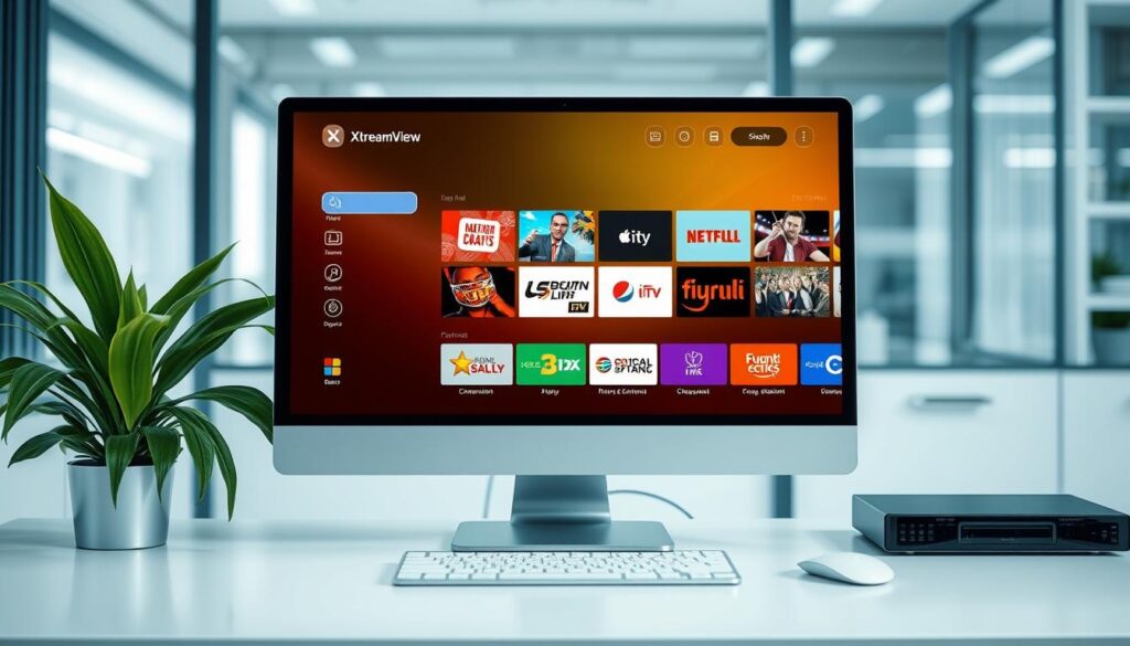 Generate an image of XtreamView IPTV interface on a screen Generate an image of XtreamView IPTV interface on a screen