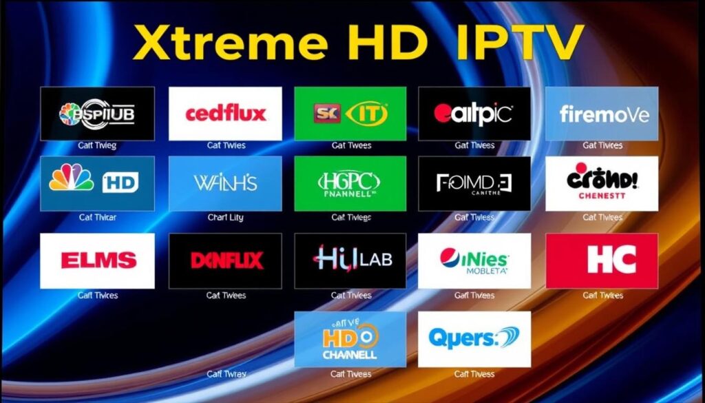 Generate an image of Xtreme HD IPTV's channel lineup, highlighting its HD channels. Generate an image of Xtreme HD IPTV's channel lineup, highlighting its HD channels.