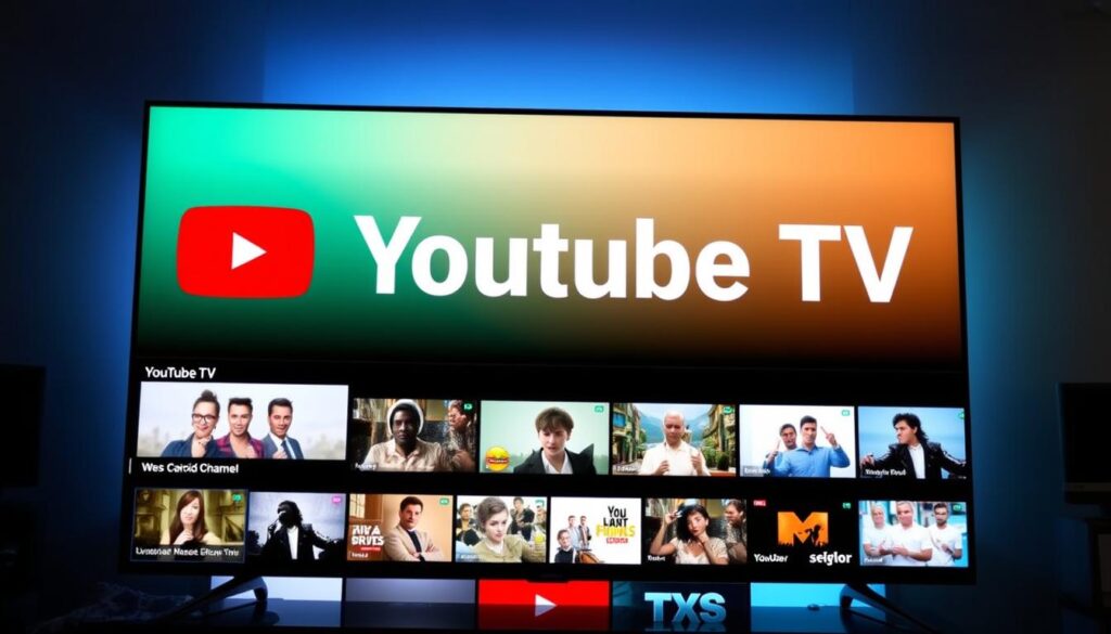 Generate an image of YouTube TV interface on a TV screen Generate an image of YouTube TV interface on a TV screen