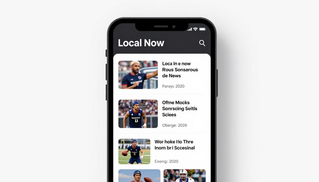 Generate an image of a Local Now app interface showing local news and sports. Generate an image of a Local Now app interface showing local news and sports.