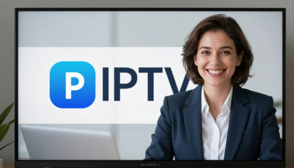 Generate an image of a Majestic IPTV logo on a screen with a happy customer in the background. Generate an image of a Majestic IPTV logo on a screen with a happy customer in the background.