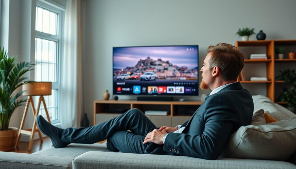 Generate an image of a Nordic viewer enjoying their favorite Scandinavian TV show on a 4K smart TV. Generate an image of a Nordic viewer enjoying their favorite Scandinavian TV show on a 4K smart TV.