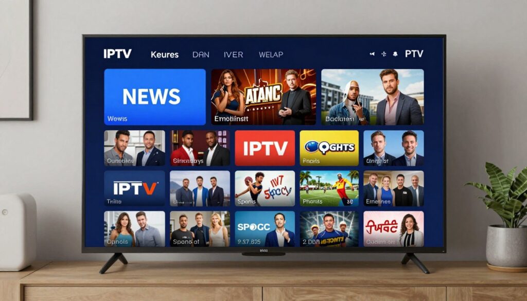 Generate an image of a Smart TV displaying various IPTV channels Generate an image of a Smart TV displaying various IPTV channels