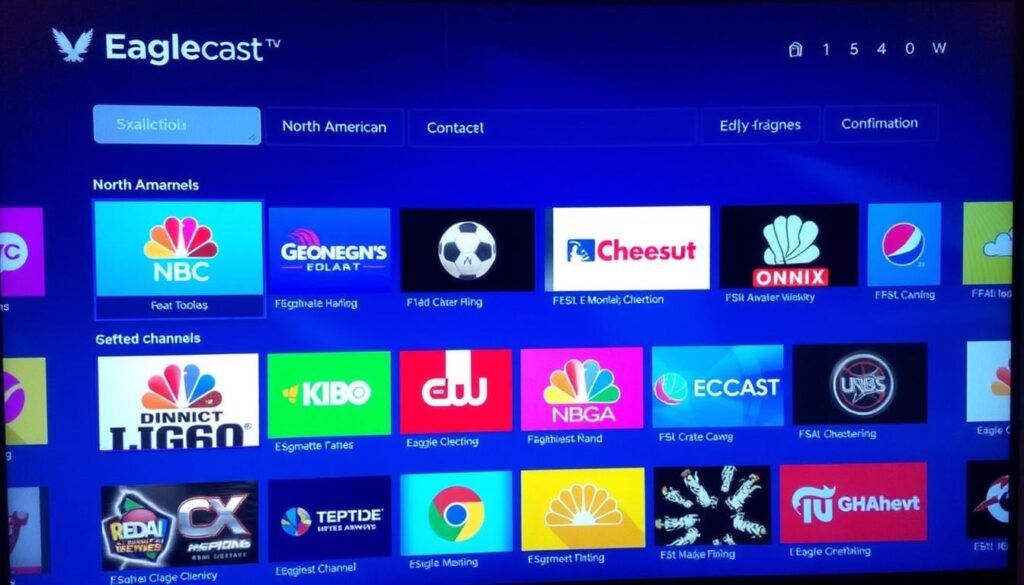 Generate an image of a TV screen displaying EagleCast TV's interface with a variety of North American channels. Generate an image of a TV screen displaying EagleCast TV's interface with a variety of North American channels.