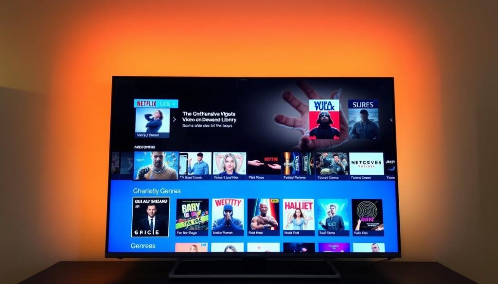 Generate an image of a TV screen displaying Worthystream's user interface with a comprehensive VOD library. Generate an image of a TV screen displaying Worthystream's user interface with a comprehensive VOD library.