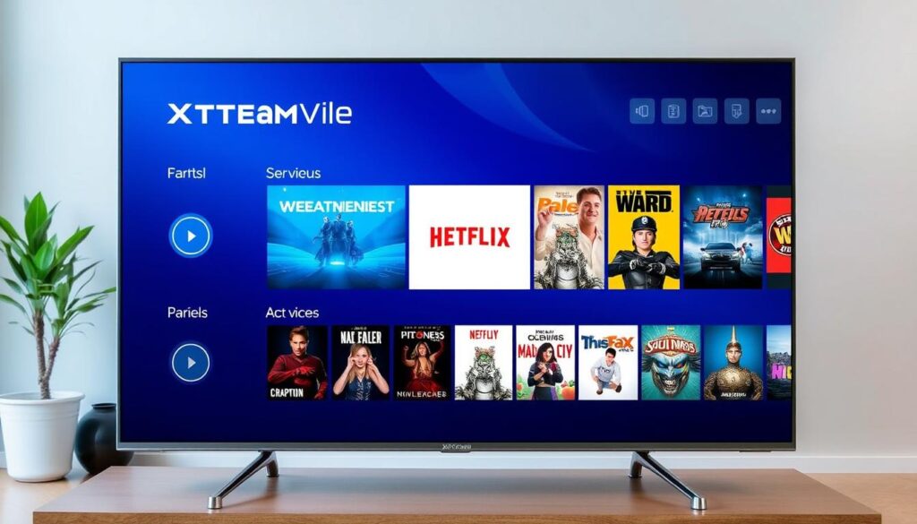 Generate an image of a TV screen displaying XtreamView IPTV's user interface with a vast library of VOD content. Generate an image of a TV screen displaying XtreamView IPTV's user interface with a vast library of VOD content.