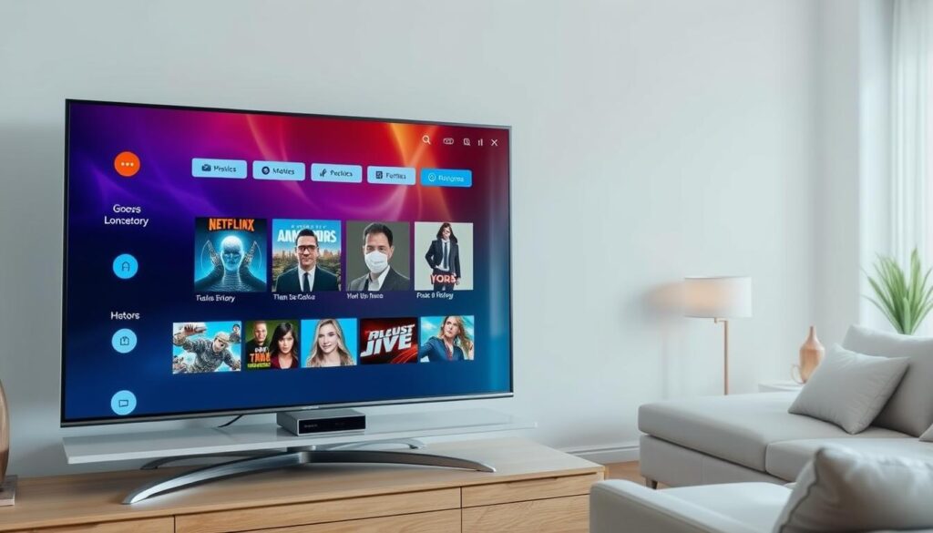 Generate an image of a TV screen displaying a variety of entertainment options. Generate an image of a TV screen displaying a variety of entertainment options.