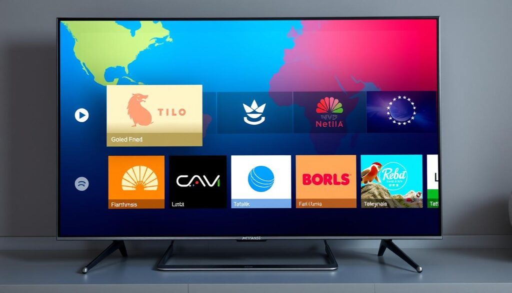 Generate an image of a TV screen displaying a variety of international channels with a sleek, modern IPTV interface. Generate an image of a TV screen displaying a variety of international channels with a sleek, modern IPTV interface.