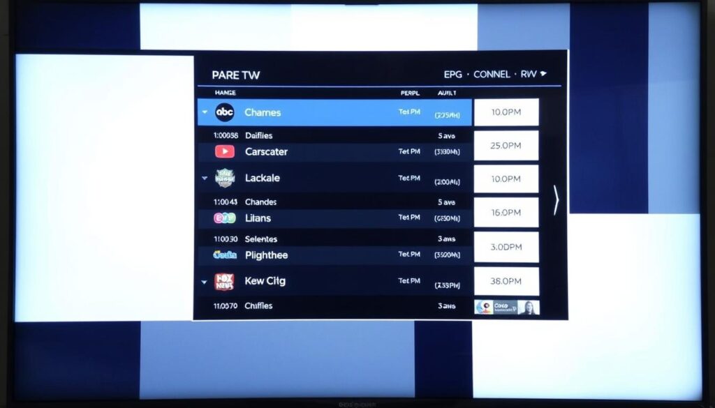 Generate an image of a TV screen displaying an EPG with various channels and program schedules. Generate an image of a TV screen displaying an EPG with various channels and program schedules.