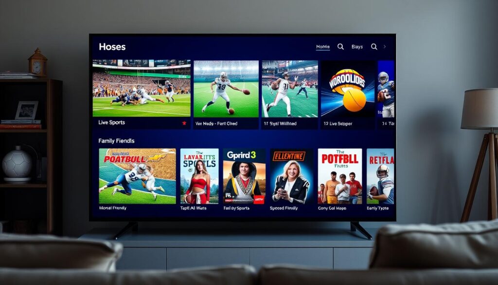 Generate an image of a TV screen displaying live sports channels and movies. Generate an image of a TV screen displaying live sports channels and movies.