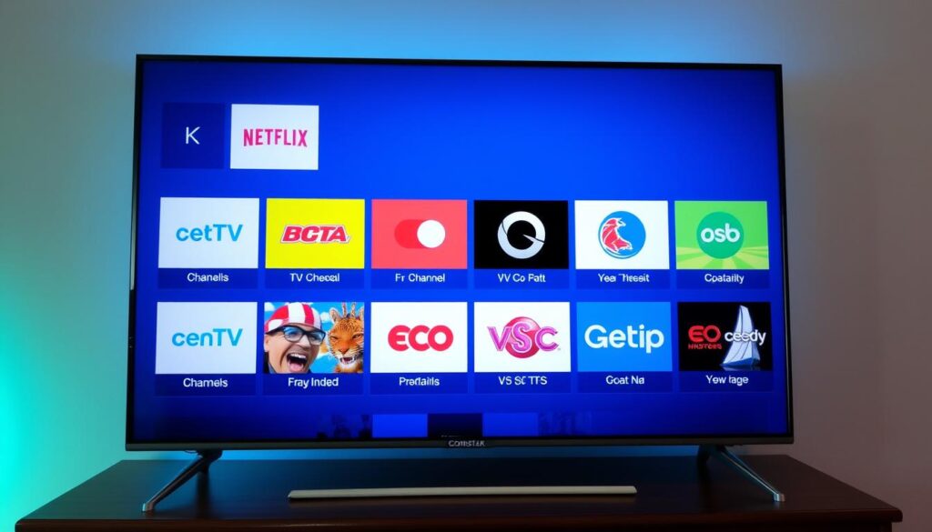 Generate an image of a TV screen displaying multiple channels from Comstar IPTV Generate an image of a TV screen displaying multiple channels from Comstar IPTV