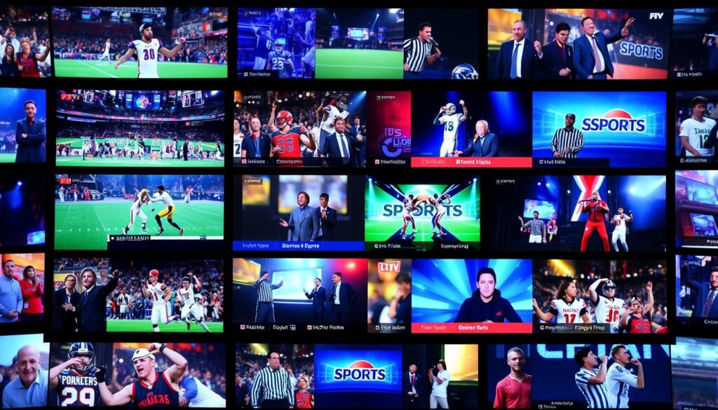 Generate an image of a TV screen displaying multiple channels simultaneously, with a variety of sports and entertainment programs. Generate an image of a TV screen displaying multiple channels simultaneously, with a variety of sports and entertainment programs.